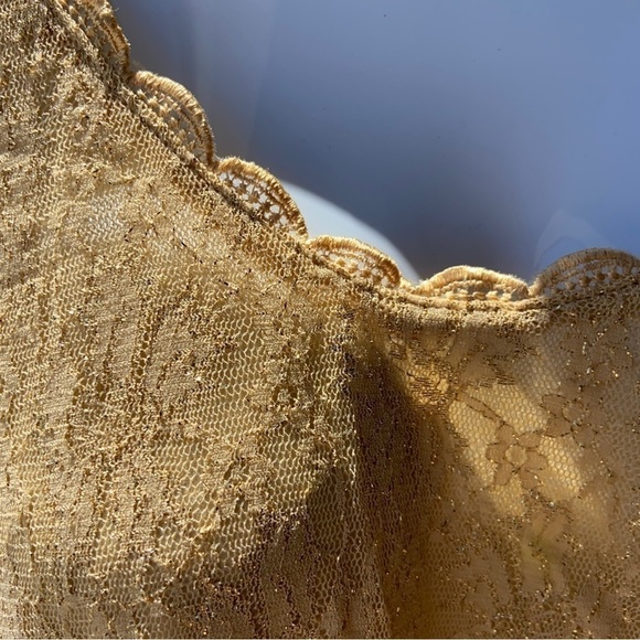 Avenue X gold lace sparkling top with scalloped wide vee neckline. 3/4 sleeves - Picture 3 of 8